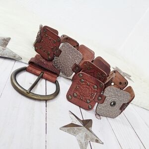 Fossil Square Link Waist Belt Tooled Leather Brown Metallic Silver Floral Medium